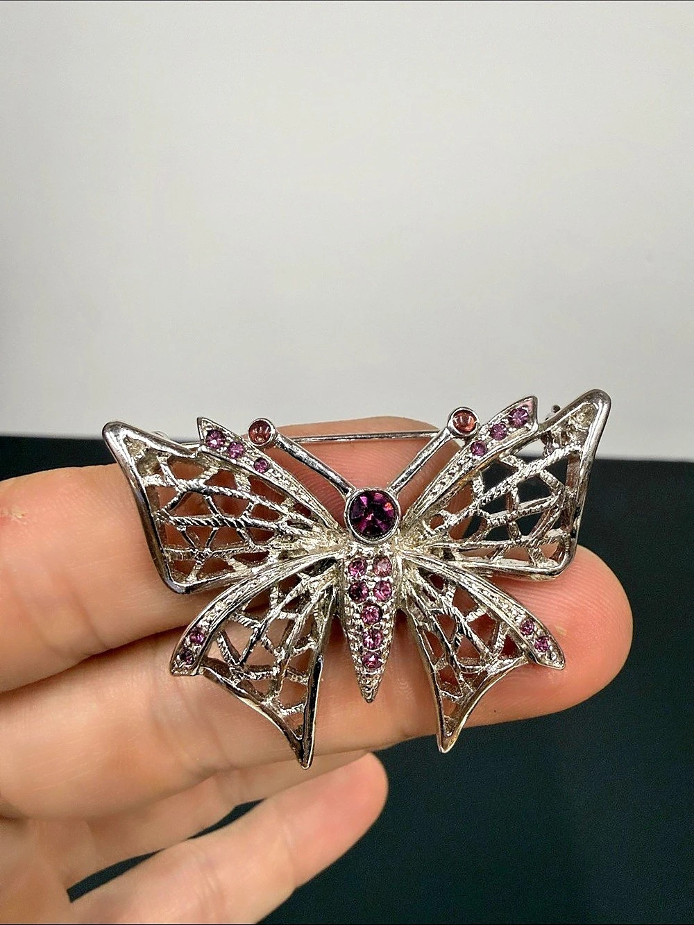 Butterfly Brooch in Silver & Pink